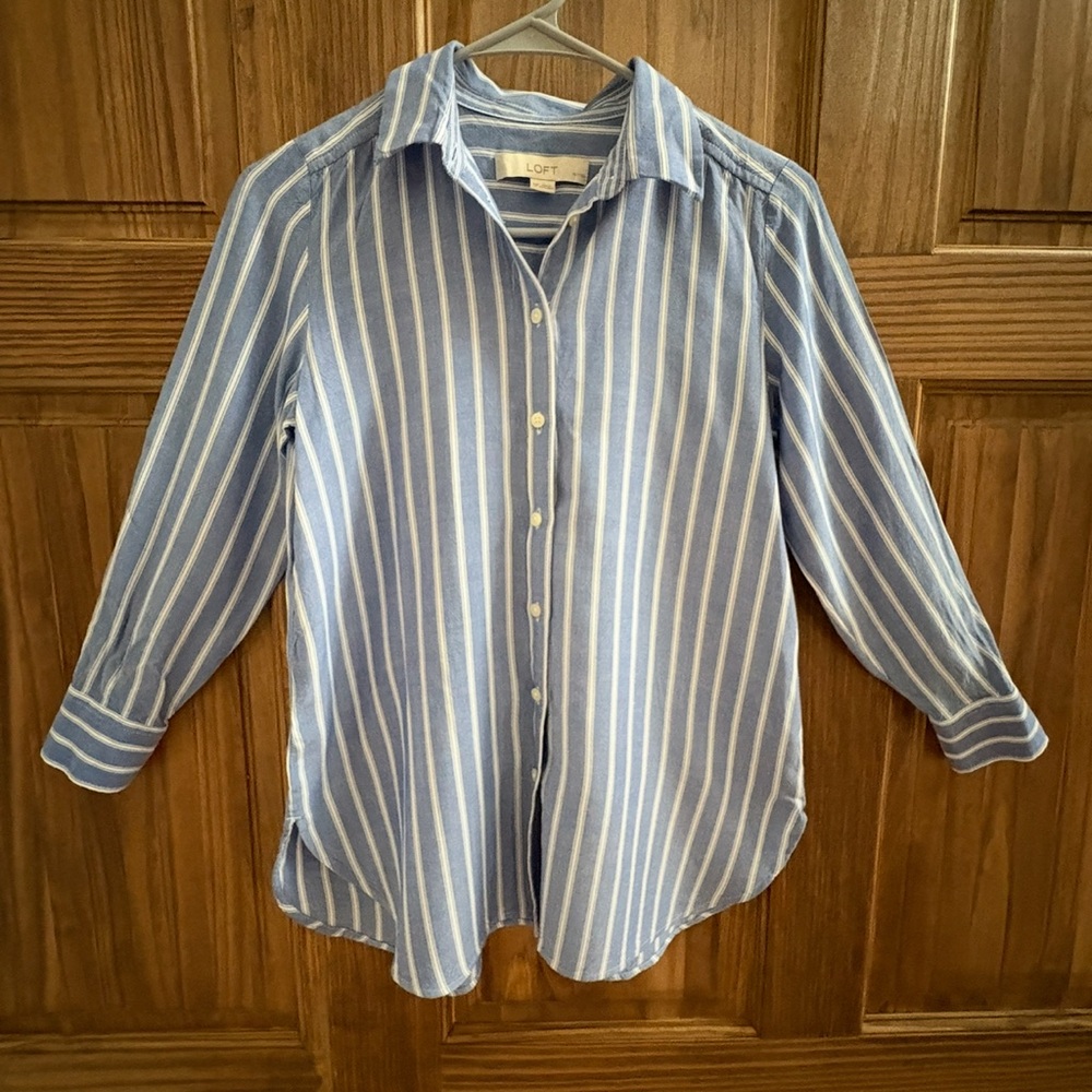 LOFT Blue and White Striped Button-Down Shirt